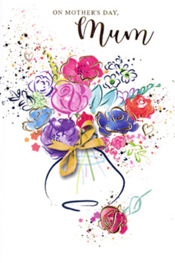 In this expressive Mother's Day card, the bouquet appears as an exuberant watercolour study, as though a Surrey Quays florist has sketched their favourite spring arrangement between deliveries along the Thames. The flowers themselves are suggested rather than rigidly drawn: sweeping strokes of hot pink, cerise, and deep magenta form the main blooms, each one edged with confident lines of indigo that lend structure without losing softness. Between these focal petals, lighter washes of lavender, cornflower blue, apricot, and hints of pale yellow blend and overlap, evoking mixed garden flowers freshly gathered from planters near Canada Water and Rotherhithe. Fine golden accents trace around selected petals and leaves, creating a subtle halo effect that recalls the gentle glow of evening light over Surrey Quays. Scattered dots and splatters of colour fan out around the bouquet, with tiny heart motifs and playful specks of gold punctuating the white space like tossed confetti after a family celebration in Southwark Park. At the base, a softly defined vase grounds the composition, tied with a slender gold bow that suggests the careful finishing touches added just before a bouquet leaves the workbench. There is a sense of both movement and stillness: the flowers seem to dance, yet the overall scene feels like a cherished pause, a captured emotion. It reads as a tender tribute to the many layers of a mother's love-vibrant, gentle, and enduring-much like a hand-tied arrangement thoughtfully prepared for Mother's Day by a trusted local Surrey Quays florist.