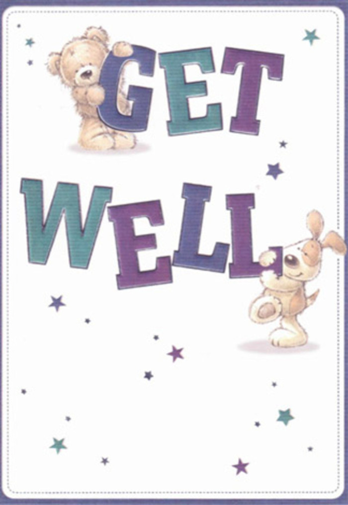 Framed against a creamy white backdrop reminiscent of the tranquil mornings by the docks, this get well card beams with the spirit of Surrey Quays. At the heart of the design, a cheerful bear and a lively puppy combine their efforts to share a message of healing and encouragement, their plush, textured fur rendered with such care you can almost feel their soft embrace. The bold, blocky letters of 'GET WELL,' shaded in vibrant indigo and calming teal, pop vibrantly from the scene, lending a confident assurance much like the steady presence of local community gardens in Rotherhithe. Scattered throughout the card, whimsical starbursts in deep purples and tranquil aquas mimic the gentle twinkle of city lights on the Thames at dusk, weaving a sense of possibility and positivity into the design. The overall artwork is playful yet deeply nurturing-an echo of the compassion found in every bouquet crafted by skilled local hands and delivered from Flowers Surrey Quays. Each stroke and shade seems chosen to uplift and gently comfort anyone on the mend, making this card the perfect visual companion for a comforting floral gift or a thoughtful gesture sent to a Surrey Quays neighbour. It embodies a gentle optimism, inviting recipients to smile, hope, and heal.