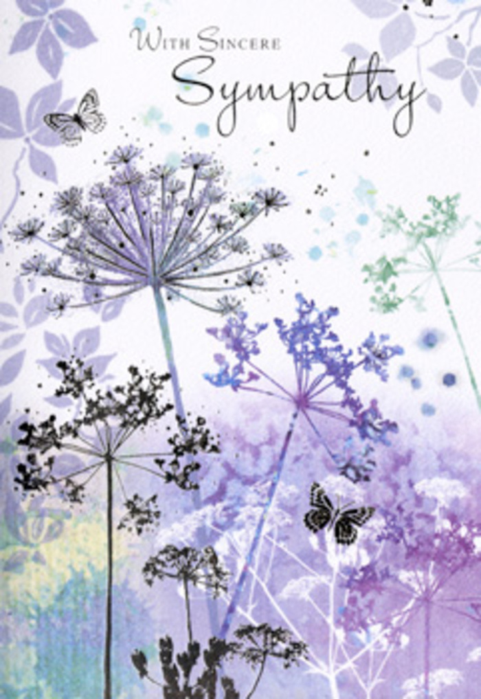 The design of this sympathy card carries the tranquil stillness of a misty Surrey Quays morning, when the water is calm and every sound feels hushed. Across the front, tall, spidery wildflowers stretch upwards, their stems so fine they look almost like ink drawn with a single careful breath. The blooms are umbel-shaped and intricate, rendered in a palette of lavender, soft indigo, and powdery blue that blends into washes of pale grey-green. Each flower head feels like filigree, detailed yet feather-light, as though a gentle breeze might lift them away. Behind them, the background dissolves into a muted haze of violet and silvery greens, reminiscent of the blurred outlines of trees and moored boats along the docks when fog drifts in from the river. Two or three butterflies float among the petals, their forms semi-transparent, giving the impression of quiet movement and transformation. They do not dominate the scene; instead, they offer a subtle suggestion of hope, of love that continues even as life changes shape. The lighting within the image is soft and diffused, with no hard shadows, just a sense of even, comforting glow that eases the eye and the heart. The overall composition leaves generous space around the flowers, inviting a pause, a breath, a moment of remembrance. Created with the same care that local florists in Surrey Quays bring to a condolence bouquet, this card's artwork becomes a gentle companion to your message-respectful, reflective, and full of quiet empathy for someone walking through grief.