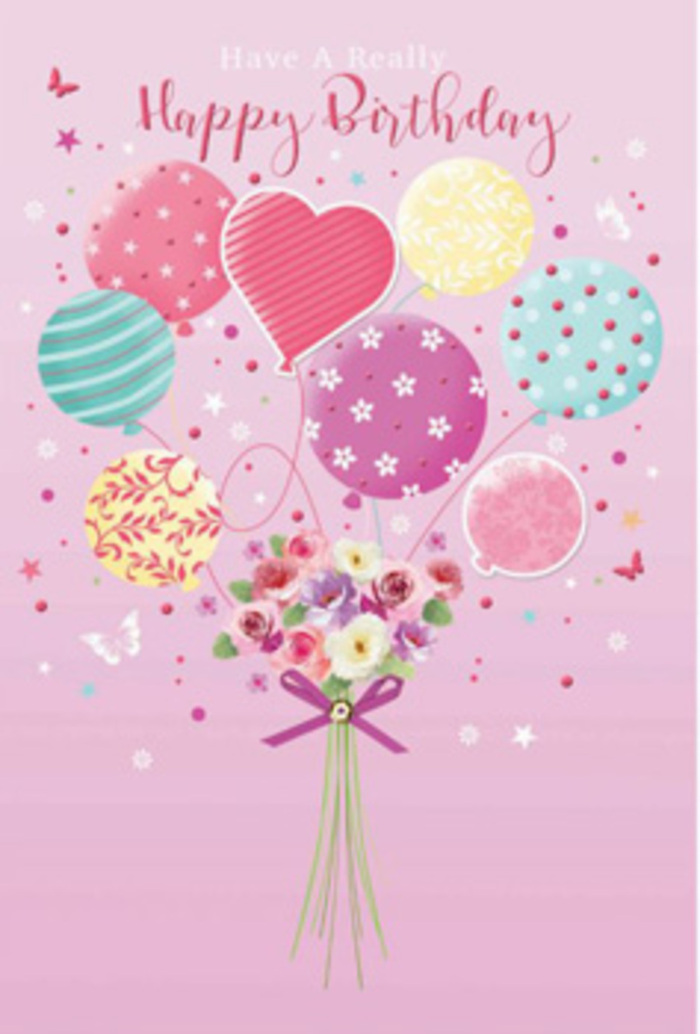 A gentle sense of jubilation fills this pastel birthday scene, as though the illustration were inspired by a quiet morning stroll along Surrey Quays' waterside. Against a soft pink sky, an airy cluster of balloons floats upward, loosely gathered like a bouquet released into the breeze. Each balloon is painted in tender hues-pale sunshine yellow, rosy fuchsia, lavender, and sea-glass green-creating an easy, harmonious blend of colour. Some are decorated with twining stripes that curl around their curves, others are sprinkled with small, dancing polka dots, and a few are patterned with dainty floral shapes that mirror the real flowers below. From the base of this floating display rises a hand-tied bouquet of petite blooms, reminiscent of garden roses and daisy-like flowers you might see in a well-tended local garden near Southwark Park. Their velvet petals are carefully shaded from cream to blush rose, as if lit by the first light of day streaming through a riverside window. Imagined fragrance drifts from the cluster-soft, floral, and almost nostalgic-conjuring memories of birthdays shared at home. A rich purple bow wraps the stems, its satin loops catching the same glow that illuminates the balloons, adding a hint of sparkle without overshadowing the gentle mood. Tiny butterflies and star-like specks appear to flit around the arrangement, giving the impression of a daydream suspended just for the recipient. The overall effect is one of thoughtful, tender celebration, like a birthday greeting chosen with care by someone who knows the charm and quiet joy of living near the docks and leafy streets of Surrey Quays.