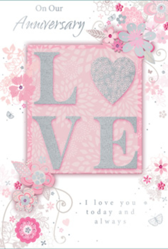 In this image, a beautifully crafted anniversary card is presented flat, allowing every detail of its romantic design to be appreciated as if a local Surrey Quays florist had translated an intimate bouquet into paper form. The central feature is the word LOVE, printed in bold uppercase letters and raised from the surface in a tactile, padded style. Each letter is kissed with fine, frosted glitter, creating a soft shimmer that glows gently, reminiscent of early evening light along the Thames Path. The glitter is not harsh or overly bright; instead, it offers a subtle sparkle that invites hands to linger and trace each curve and edge. Encircling this central word is a graceful arrangement of illustrated flowers and foliage, drifting around the card like a delicate garland. The blossoms are rendered in shades of blush pink, creamy white, and soft dove grey, with slender stems and leaves outlined in silver and pale graphite. Their fine lines and gentle shading give them an airy, almost sketch-like quality, as though they were first drawn in a florist's notebook while planning an anniversary surprise for a couple living near Surrey Quays' marina. The background washes the card in a gentle pastel pink, adding warmth and softness without crowding the design. Elegant, flowing script relays a heartfelt anniversary message, the lettering slender and slightly curled, reinforcing the feeling of tenderness and enduring affection. The whole composition has a dreamy, tranquil quality, evoking the quiet, fragrant beauty of a spring bouquet delivered to a waterside flat. It feels like a cherished keepsake, ideal for marking the milestones of a love that has grown steadily over the years.