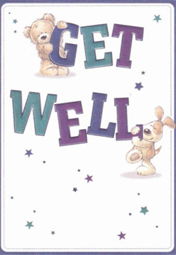 In the heart of Surrey Quays, this enchanting get well card shares a message of encouragement through its artfully illustrated characters. A cuddly teddy bear, its fur shaded in soft browns, clings sweetly to the bold word 'GET,' while a jubilant puppy, all floppy ears and eager eyes, nestles joyfully among the confident letters of 'WELL.' Their friendly faces light up the composition, shining with hope and affection like the welcoming faces along Lower Road on a sunny morning. Indigo and teal hues give the lettering a lively vibrancy, catching the eye with a burst of positivity reminiscent of fresh flower displays at Flowers Surrey Quays. Light scatters through stylised stars in shades of violet and blue, reminiscent of fireworks across the marina, symbolising the magic tucked inside each wish for a swift recovery. The crisp, uncluttered background recalls the clean openness of local riverside walks, lending an air of clarity and calm so important when someone needs cheering up. Every detail-the inviting textures, the playful poses, the overall harmony-mirrors the thoughtful touch found in bouquets lovingly arranged for delivery in Surrey Quays. This card is more than a message: it's a visual embrace of comfort, carrying hope and a smile to anyone in need of support.