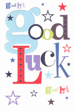 This image shows a modern good luck card that radiates confident charm, like a little burst of celebration waiting to be paired with a fresh bouquet from a Surrey Quays florist. Centred on a pure white background, the phrase "Good Luck" is composed in an artful medley of fonts, sizes, and colours that dance together rather than compete. A large, baby-blue "g" curls across the front like a friendly smile, flanked by solid blocks of bold red, grounded midnight black, mossy green, and regal purple that add depth and balance. Scattered freely across the surface, tiny stars in inky navy, sky blue, soft lavender, and muted teal feel as if they have been sprinkled from a child's imagination, each one slightly different in size and intensity. The stars drift around the letters like a mini galaxy, echoing the feeling of wishes sent up over the Thames by the Docklands Light Railway line at night. The card's smooth, matte finish suggests quality cardstock that would feel satisfying and cool under your fingertips, firm yet flexible as you open it to write your message. There is a sense of anticipation to the composition, as though the colours and shapes are leaning forward with you, rooting for exam results, first days at work, or brave new ventures across Rotherhithe. The design manages to be both playful and sincere, an ideal companion to a hand-tied bouquet delivered across SE16, quietly saying: you're prepared, you're supported, and luck is gently on your side.
