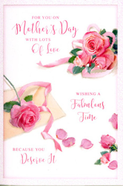 This Mother's Day card design appears like a miniature bouquet arranged on paper, its composition recalling the careful touch of a florist preparing roses for a Surrey Quays customer. Against a soft white ground, clusters of lush pink roses spread diagonally, their petals densely layered and slightly curled at the edges, as if just reaching their peak of bloom. Shades of blush, rose, and warm pink intermingle, creating a gentle gradient that mimics real garden roses at different stages of opening. A sprinkling of loose petals lies around the main sprays, some overlapping, some resting alone, hinting at movement, as though a light breeze from the Thames has just passed across the image. Interlaced with the roses is a pastel ribbon, looping and curling in graceful arcs that guide the eye across the card without overwhelming the flowers. The hand-lettered message celebrating Mother's Day is rendered in an elegant, swirling script that feels personal and intimate, the sort of handwriting you might find in a keepsake card saved for years in a drawer. The lighting is warm yet gentle, similar to late afternoon sun over Southwark Park, creating soft highlights and delicate shadows that give the flowers dimension and a nearly touchable texture. It's easy to imagine this card accompanying a fresh arrangement ordered for same-day delivery in Surrey Quays, a visual echo of real pink roses waiting in a vase on a table by the window.