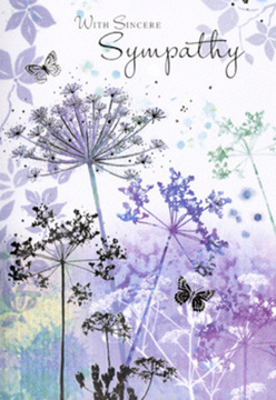 This sympathy card opens to reveal a serene, nature-inspired tableau that feels as quiet and contemplative as an early walk around Greenland Dock in Surrey Quays. Slender stems of wild umbelliferous flowers rise from the lower edge, drawn in delicate lines and shaded with veils of lavender, dusky violet, and gentle blue that melt into one another like soft rain on old stone. Their flower heads form airy, lace-like clusters, some more defined, others fading into near transparency at the tips, so the blossoms appear to sway lightly against the sky. A misty background of silvery greens and lilac tones gives the sense of distance and depth, rather like trees and water softening into fog. Drifting among the wispy blooms, translucent butterflies hover in mid-air, their wings suggested more by the play of light than by solid outline. They seem to move slowly, offering a quiet symbol of the soul's journey, of presence that lingers in memory. Nothing in the artwork shouts; every element is gentle, restrained, and respectful. The palette is cool yet comforting, the sort of soft, enveloping calm you might feel sitting on a bench above the river, reflecting on someone dearly missed. As a florist familiar with how flowers speak when words are difficult, I see in this card a tender blend of art and emotion, perfectly suited for condolences being sent to friends, neighbours, or family across Surrey Quays. Its understated beauty allows your sympathy message to rest within a setting of peace, compassion, and enduring affection.