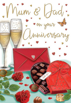 This anniversary card illustration captures a beautifully staged moment of romance and gratitude, the sort of scene that would suit a relaxed evening in Surrey Quays after a riverside walk. At its heart stand two elegant champagne flutes, tall and slender, filled with pale golden fizz. The bubbles seem alive, gently spiralling upwards, reflecting tiny glints of light as if caught in that quiet second before glasses meet for a toast. Nearby, a heart-shaped box of chocolates takes pride of place, its rich red casing and sumptuous satin bow giving a sense of indulgence and care. The lid is open just enough to reveal carefully arranged truffles, each piece a small promise of shared sweetness.

In front of this, two lush red roses lie gracefully on the table, framed by glossy green foliage. Their petals are velvety and full, tinted a deep ruby that almost glows against the softer background. You can almost imagine the subtle fragrance, like a freshly tied bouquet from a trusted Surrey Quays florist, delivered just in time for an anniversary dinner. Scattered chocolates and petite golden highlights around the card echo the idea of treasured little moments collected over years together.

A vibrant scarlet envelope, neatly sealed, rests to one side, hinting at tender words written for a partner or a heartfelt "Mum & Dad" message. Above, a flurry of gold and crimson hearts floats around hand-lettered text, the playful shapes softening the otherwise sophisticated palette. The lighting feels gentle and flattering, as though cast by nearby candles or a warm lamp, wrapping the composition in a cosy glow. Altogether, the card radiates a sense of enduring love and celebration, perfect for honouring a long marriage or parental anniversary within the close-knit Surrey Quays community.