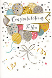 This congratulations card captures the joyful spirit of a balloon release over the calm waters of Surrey Quays, crafted entirely in ink, shimmer, and carefully placed glitter. A rounded bouquet of balloons dominates the design, their shapes overlapping gently at the centre of the card like a floral arrangement made from air and light. Soft gold, muted silver, champagne, sky blue, blush pink, and whisper-grey tones blend harmoniously, each balloon finished with its own decorative pattern-tiny metallic stars, delicate stripes, or sparkling flecks that feel almost like stardust. From their bases, slender strings of gold and silver descend in elegant curls, weaving together in loose loops that echo the curling ribbon we use to finish a celebratory gift bouquet for a nearby Wharf-side apartment. Floating across this scene is a flowing banner, slightly arched, which carries the words 'Congratulations To You' in graceful, looping calligraphy. The lettering is prominent yet gentle, conveying warmth without overwhelming the eye. All around the main motif, the pale background is peppered with miniature stars, dots of confetti, and whimsical swirls reminiscent of festive streamers caught mid-twirl in a light breeze. Certain elements appear subtly raised and glittered, encouraging you to imagine the feel of textured ink and smooth card beneath your fingertips. The composition is bright but thoughtfully balanced, ideal for celebrating exam results, promotions, or personal milestones with friends and family nearby. It is the sort of card someone in Surrey Quays might stand beside a fresh flower arrangement on a hallway table, greeting them each time they pass with a quiet reminder of recognition, joy, and a milestone deserving to be remembered.