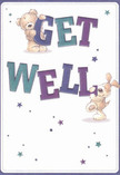 This delightful get well card, beloved among Surrey Quays residents, radiates warmth and reassurance through its joyful scene. Two charming friends-a darling teddy bear perched atop bold 'GET' letters and a spirited puppy nestled close to the word 'WELL'-bring smiles with their expressive, affectionate faces. The indigo and teal letters stand out against a creamy white background, their playful forms inviting optimism like the first blooms of spring seen at local markets near Canada Water. Strewn throughout are twinkling blue and purple stars, their whimsical shapes echoing the feeling of making wishes for a loved one's quick recovery. The hand-drawn fur of the bear and pup carries a softness that seems almost tangible, recalling the comforting touch of a favourite blanket or the gentle feel of freshly delivered flowers from a nearby florist. There's a sense of celebration and encouragement woven through every detail, as if every element is thoughtfully placed to bring comfort to someone recovering in Surrey Quays. This card's light, airy composition creates an atmosphere of hope and cheer-perfect for sending heartfelt wishes and a bright spot of colour to anyone in need of support.