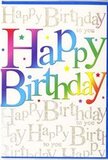 This birthday card is captured in a way that makes it feel like the centrepiece of a lively celebration in Surrey Quays. The main phrase, 'Happy Birthday', stretches bold and wide across the front, every letter filled with a smooth gradient of colour that flows from deep garnet reds and berry tones into magenta, violet, cool teal, leafy green, and rich sunflower yellow. The transition between shades is soft and painterly, like a rainbow washed gently across the card, yet the edges of each letter are crisp, giving the design a clean, contemporary look. Sprinkled around and between the letters are tiny stars and dots of colour in coordinating hues, echoing the joyful scatter of confetti on a party table after the candles have been blown out. Behind the main message, the background is entirely overlaid with the repeated phrase 'Happy Birthday to you' written in delicate, looping gold script, the metallic ink catching light in subtle glints and flashes. The script is refined and rhythmic, like a quietly sung chorus accompanying the bold headline. Together, the two layers create a sense of depth and texture; you can almost imagine the slight difference in feel between the smooth printed rainbow letters and the gently raised gold writing beneath. The overall palette is bright but balanced, with enough white or pale space around the main design to keep it from feeling crowded. This card would look perfectly at home nestled beside a colourful birthday arrangement delivered to a flat overlooking Greenland Dock or a home near Surrey Quays station, offering not just a written greeting but a little burst of visual joy.