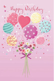 On a soft pink backdrop, a whimsical birthday scene unfolds, as though it were designed for someone celebrating in a bright apartment overlooking Surrey Quays' marinas. A spray of pastel balloons rises upward, weightless and full of joy, their rounded shapes overlapping in a gentle parade of colour. Each balloon has its own story: some swirl with candy-coloured stripes in mint, blush, and lemon; others bloom with playful polka dots; and at the centre, a heart-shaped balloon glows in rosy pink, radiating affection and warmth. Light seems to skim across their smooth surfaces, picking up hints of lavender, teal, and soft gold. Below this airy display rests a gathered bouquet, brimming with delicate roses and anemone-like blossoms in creamy ivory, powdery pink, and muted mauve. The petals look feathery and soft, layered like fine fabric, just as you might see in a carefully crafted hand-tied bunch from a nearby florist. A violet satin bow cinches the stems, its neat knot and trailing ribbons adding a polished touch, as if readied for same-day gifting around Canada Water or Rotherhithe. Tiny star shapes and butterfly-like silhouettes are scattered through the composition, adding a subtle fairy-tale magic, as though confetti and garden visitors have been frozen in a single, happy moment. The whole image feels light as a spring morning on the Thames-airy, sweet, and joyfully festive-capturing the spirit of a birthday that should feel bright, cherished, and a little bit enchanted in the heart of Surrey Quays.