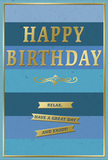 This elegant birthday card features a soothing blue-striped background and shimmering gold details, reminiscent of the gentle calm that settles over Surrey Quays in the early evening. Wide horizontal bands of blue sweep across the card from edge to edge, deep navy blending upward into mid-blue, teal, and soft sky shades, creating a layered, almost musical rhythm of colour. In the centre, the phrase HAPPY BIRTHDAY is embossed in bold, uppercase gold letters, each stroke raised enough to cast the faintest shadow, so the words seem to float above the blues. A graceful, scrolling gold flourish sits directly below the main greeting, giving the design a hint of classic charm, like the decorative touches on traditional invitations. Further down, three tidy gold banners stretch across the card, each carrying part of a warm, relaxed sentiment: Relax, have a great day and enjoy! A slender gold border runs right around the perimeter, containing the composition with the same precision a florist uses when balancing colours and shapes in a bouquet. The card's surface looks matte and smooth, inviting to touch, while the metallic areas glint softly, catching ambient light as though it were sunshine reflecting off the nearby marina. You can almost picture this card standing beside a vase of fresh birthday flowers in a Surrey Quays living room, perhaps near a window overlooking the docks, adding a gentle, refined note of celebration. It feels ideal for someone who loves calm moments, subtle luxury, and sincere, unhurried birthday wishes.