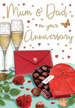 This anniversary card design feels like a lovingly arranged tabletop scene, the kind of romantic moment that might follow a special dinner in Surrey Quays with the city lights glimmering over the water. At the centre, two tall champagne flutes stand close together, their stems almost touching, filled with pale golden champagne. The bubbles are illustrated in delicate detail, rising in shimmering trails that catch soft ambient light, giving a sense of gentle motion and anticipation. Just in front, a heart-shaped box of chocolates rests proudly, its rich red surface wrapped in an opulent satin bow, tied into a large, flowing knot that suggests a thoughtful, carefully prepared gift.
Beside this, two sumptuous red roses lie on the table, their petals layered thickly, with velvety, almost touchable texture. The bloom heads are full and open, revealing subtle highlights and deep shadows that mimic the natural curves of freshly cut roses from a skilled Surrey Quays florist. Their stems and leaves provide a foundation of glossy green, balancing the intense crimson tones. A few loose chocolates are scattered nearby, their rounded shapes and dark sheen adding a sense of playful indulgence, like small moments of sweetness shared between sips of champagne.
A vivid scarlet envelope, neatly sealed, nestles at one side, hinting at private anniversary wishes or a warm Mum & Dad message written inside. Above the scene, graceful hand-lettered text is surrounded by floating gold and crimson hearts, as if love itself is drifting through the air like confetti. The overall composition is bathed in a cosy, golden glow, suggesting lamplight or candlelight after dusk along the Thames. It conveys enduring affection, gratitude, and the joy of celebrating milestones together with roses, chocolates, and a shared glass of fizz.